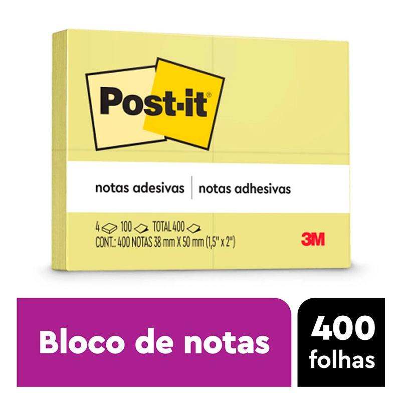 Bloco de notas adesivas Post-it 653 amarelo 4 blocos de 38x50mm 100 folhas - 3M