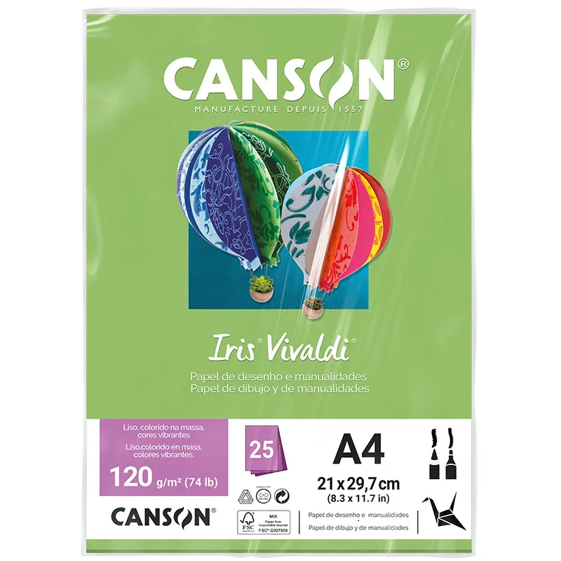 Papel Color Vivaldi A4 120g Maça Verde com 25 folhas - Canson