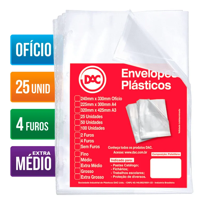 Envelope plástico ofício 0.12 4 furos 5178 pacote com 25 unidades - Dac