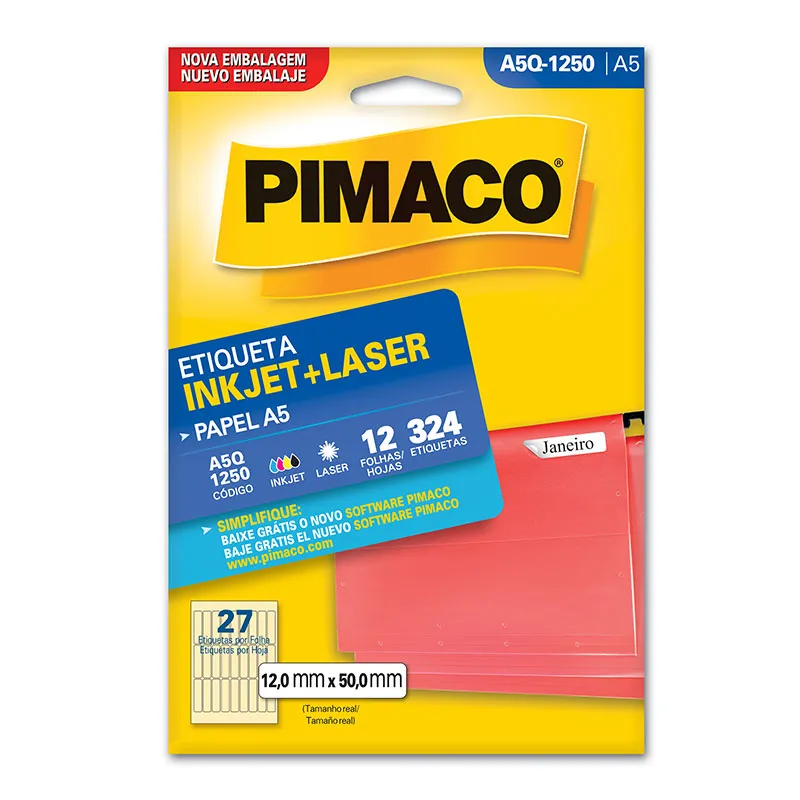 Etiqueta inkjet/laser A5Q1250 com 12 folhas - Pimaco