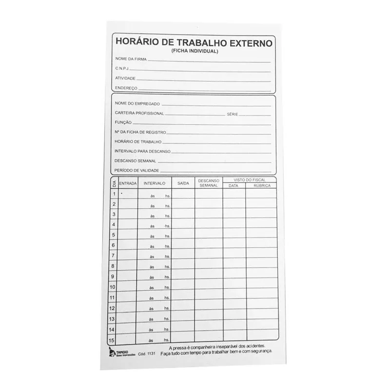 Ficha horário de trabalho externo - com 100 folhas - Tamoio