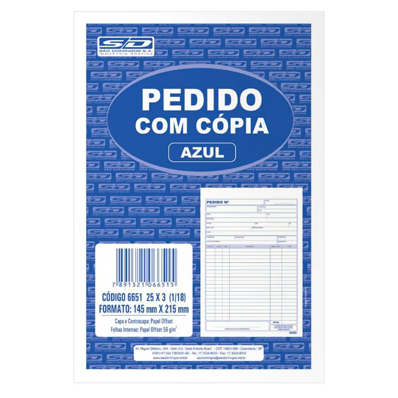 Pedido 3 vias azul 25x3 137x207mm 75 folhas 10060 - SD/Animativa