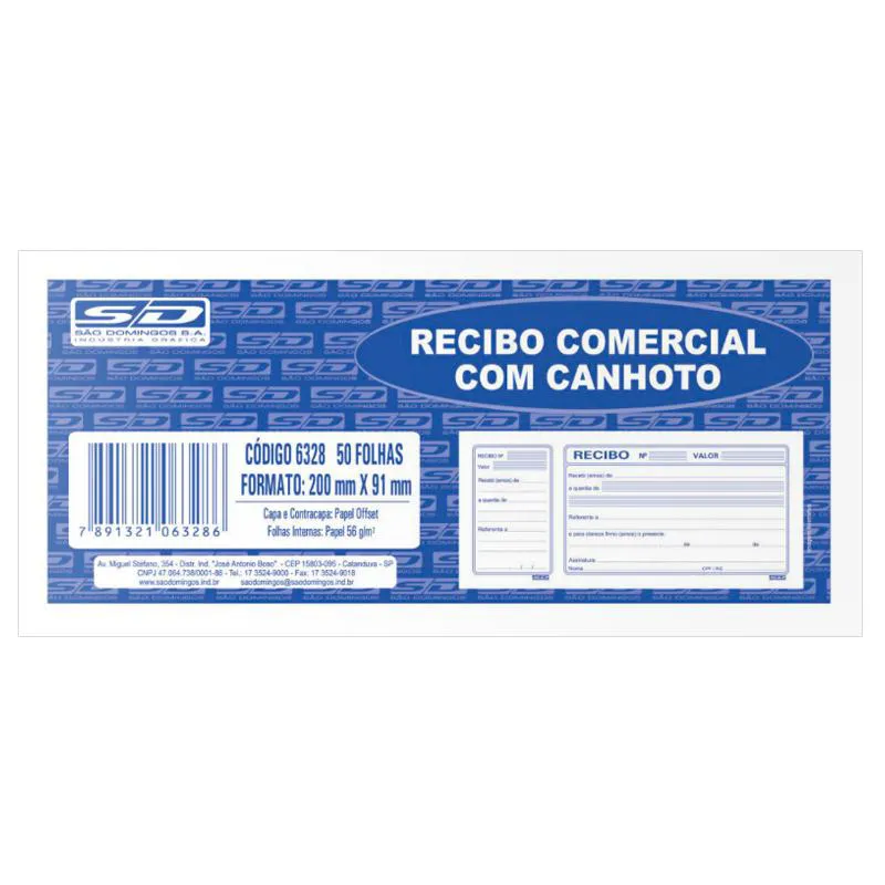 Recibo comercial pequeno com canhoto 50 fls São Domingos