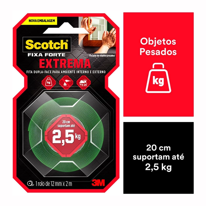 Fita dupla face fixa forte espuma Cinza Extreme 12mmx2m - 3M