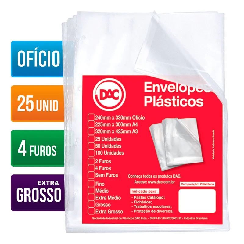Envelope plástico ofício 0.20 4 furos 5088 pacote com 25 unidades - Dac