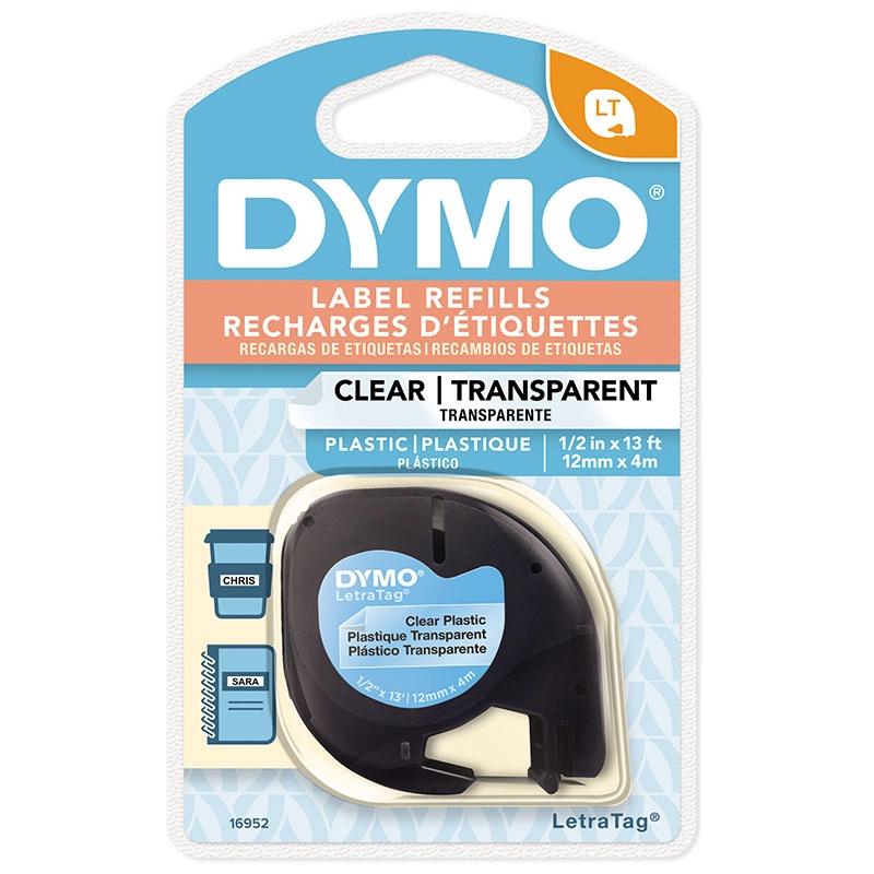 Fita para rotulador LetraTag transparente com escrita preta 12mm - 16952 - Dymo