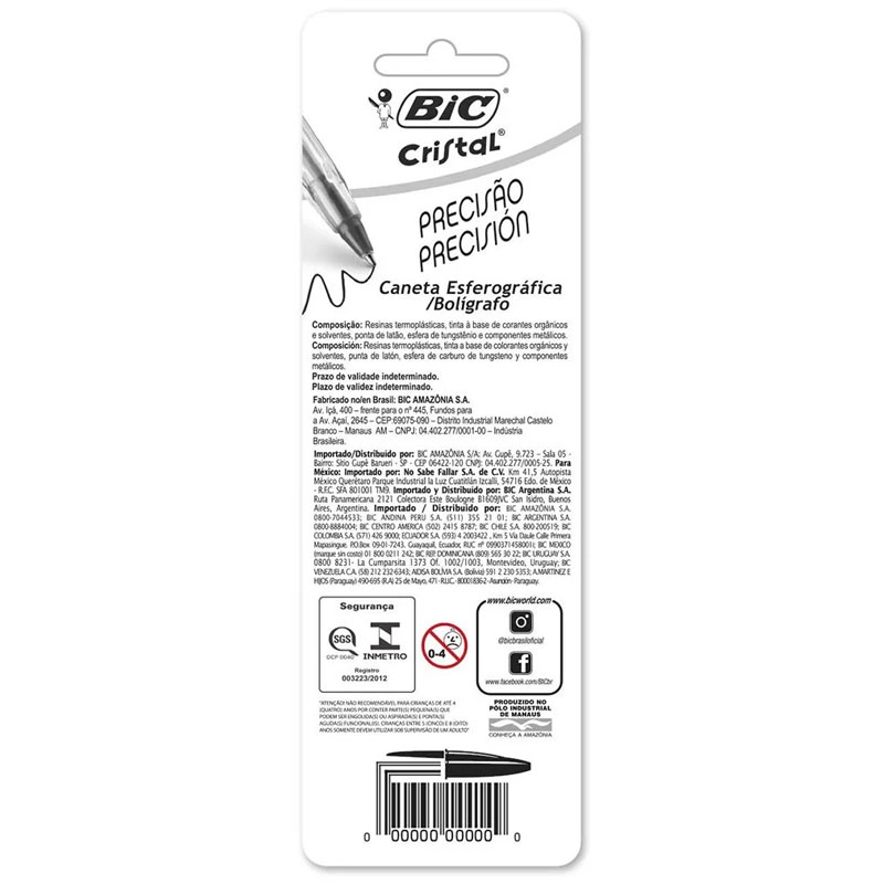 Caneta esferográfica Cristal Fina 0.8 AZ/PT/VM com 3 unidades - Bic