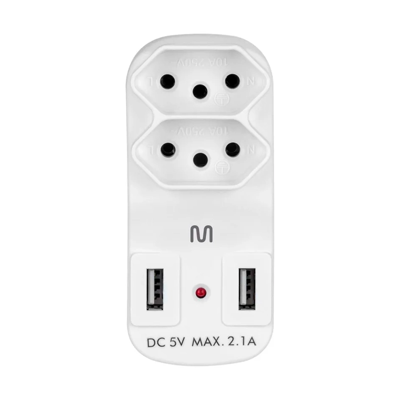 Adaptador 2 saidas 2P+T c/ 2 portas USB WI331 - Multilaser