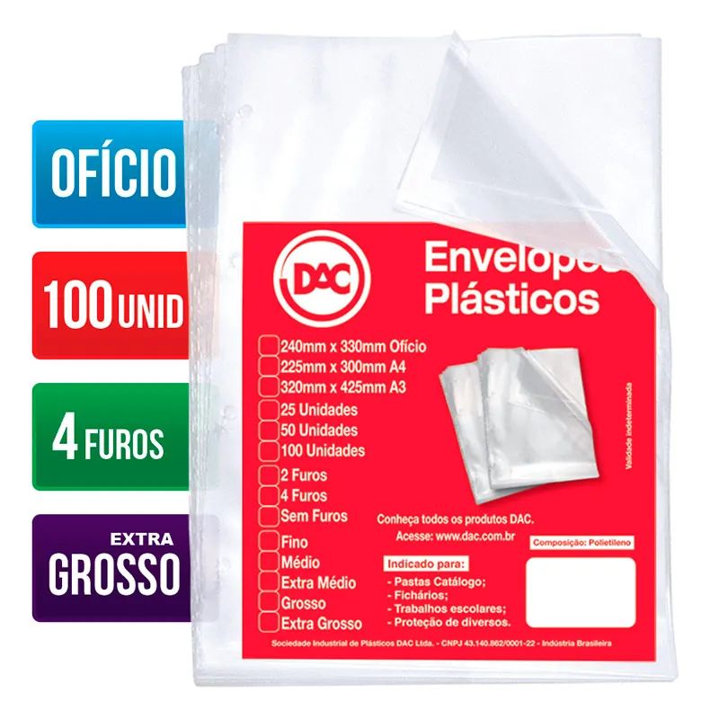 Envelope plástico ofício 0.20 4 furos 5088 pacote com 100 unidades - Dac