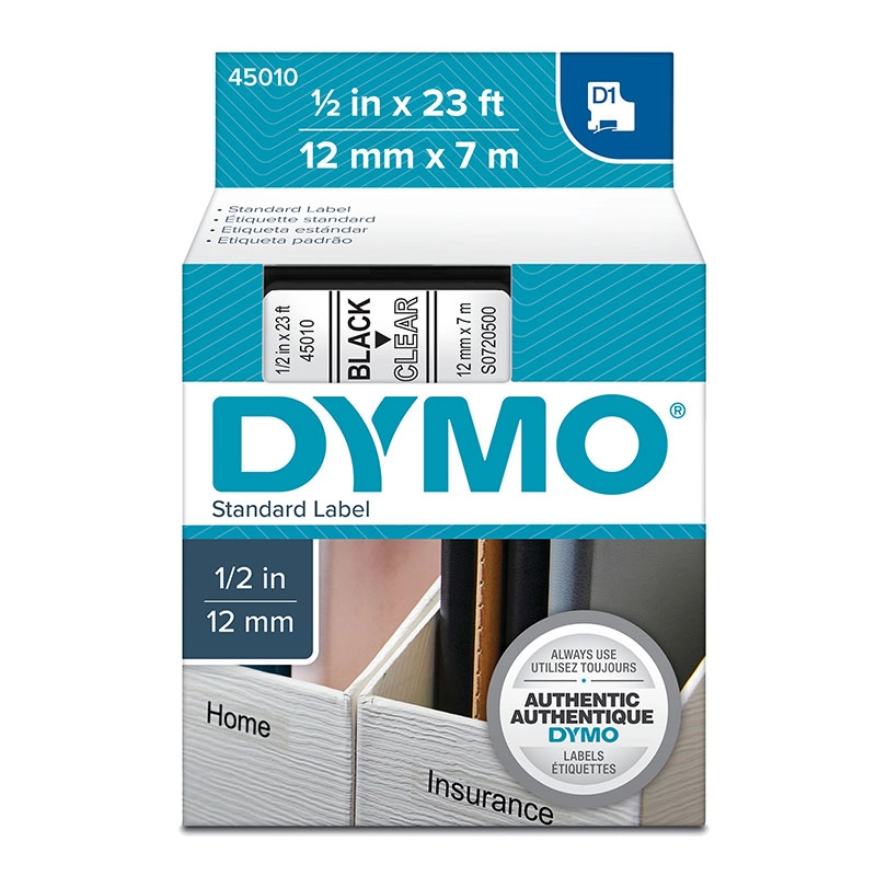 Fita para rotulador transparente com escrita preta 12mm - 45010 - Dymo