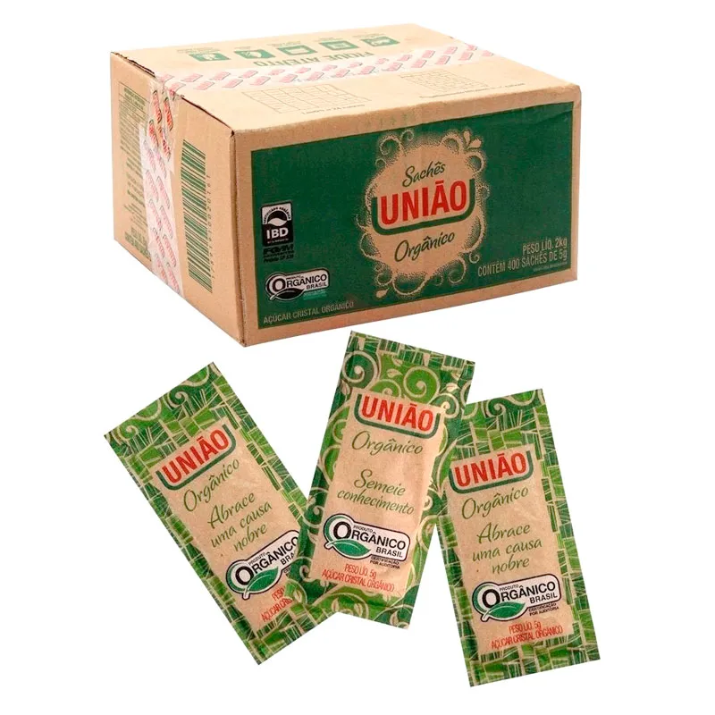 Açúcar cristal orgânico em sachê 5g - caixa com 400 unidades - União