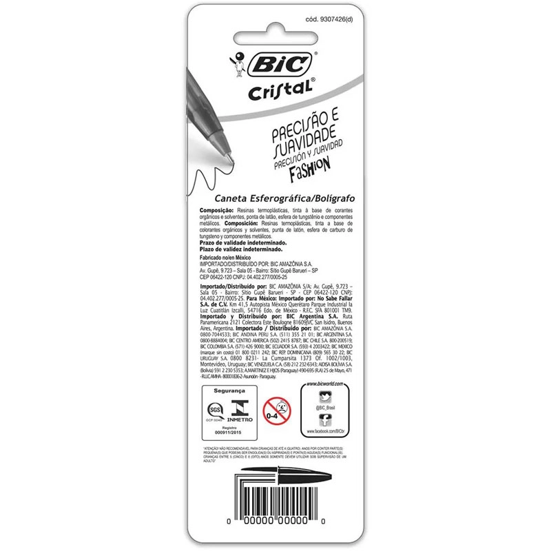 Caneta esferográfica Cristal Ultra Fina Fashion 0.7 AZ/RX/RS/VD com 4 unidades - Bic