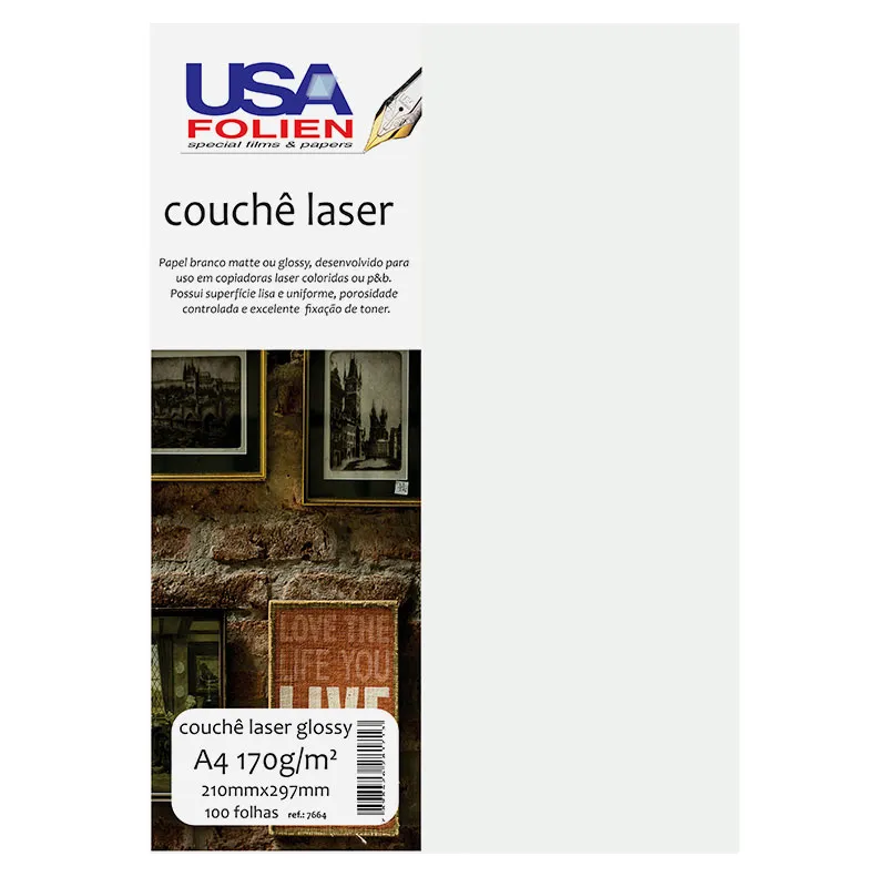 Papel fotográfico couchê glossy A4 170g com 100 folhas 7664 - Usa Folien