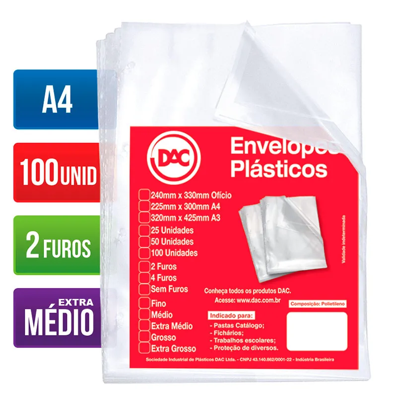 Envelope plástico A4 0.12 2 furos 5179A4 pacote com 100 unidades - Dac