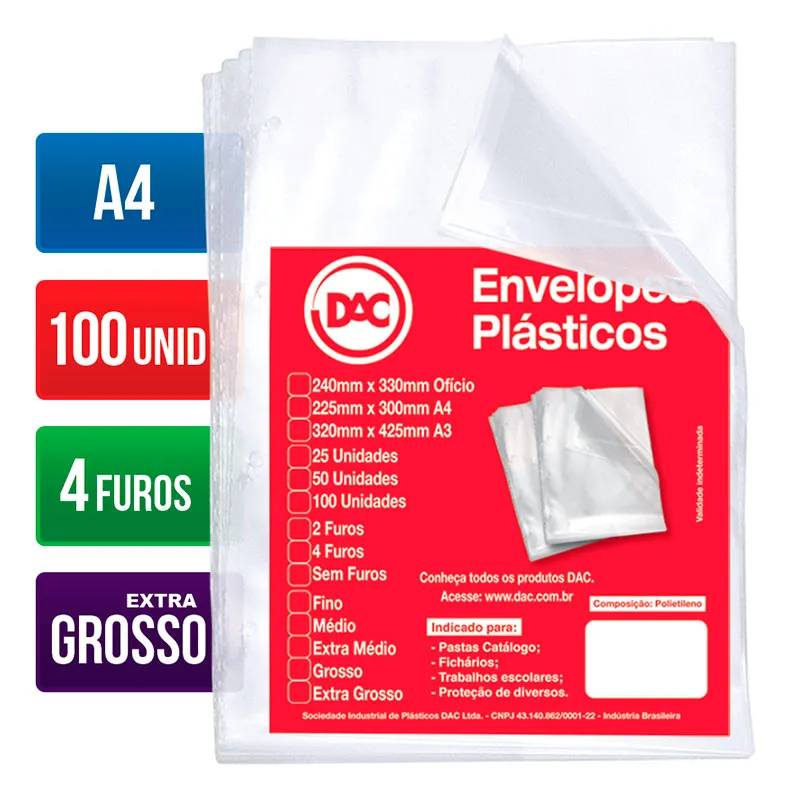 Envelope plástico A4 0.20 4 furos 5088A4 pacote com 100 unidades - Dac
