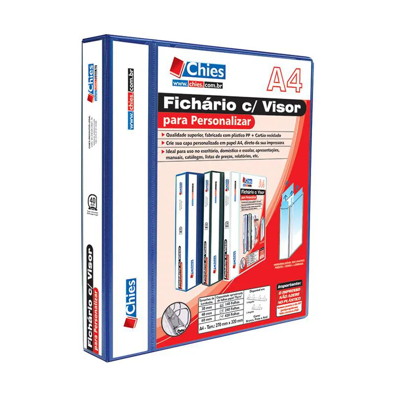 Fichário revestido com cristal A4 azul 40mm - 1400 - com 4 argolas - Chies