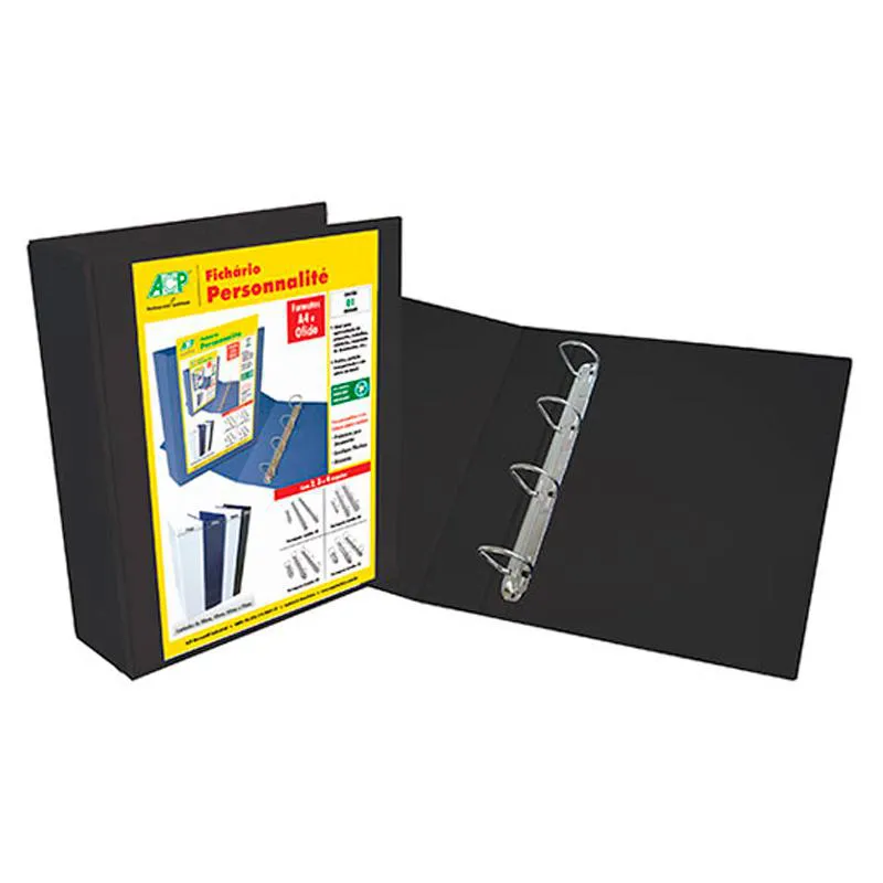 Fichário revestido com cristal A4 preto 75mm - 4754PT - com 4 argolas - ACP