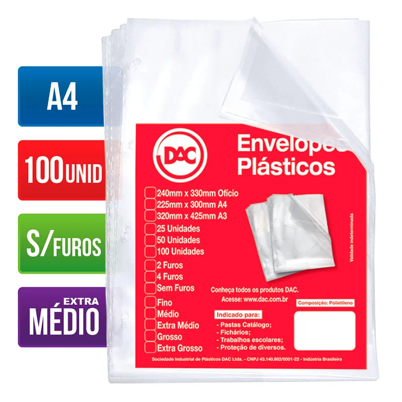 Envelope plástico A4 0.12 s/furos 5177A4 pacote com 100 unidades - Dac