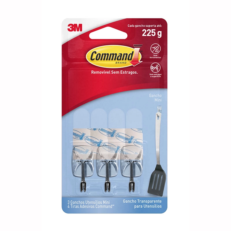Gancho adesivo para utensílios Command transparente mini 3 unid - HB004270532 - 3M