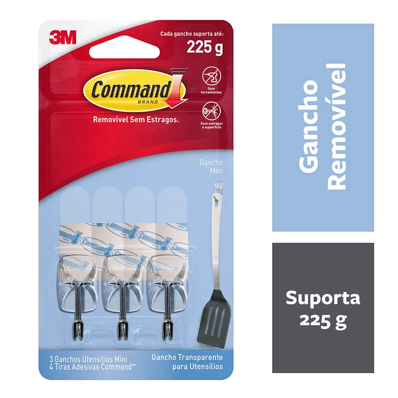Gancho adesivo para utensílios Command transparente mini 3 unid - HB004270532 - 3M