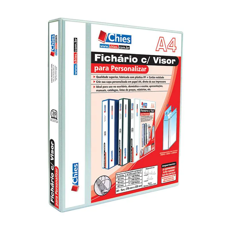 Fichário revestido com cristal A4 branco 30mm - 235 - com 4 argolas - Hemon