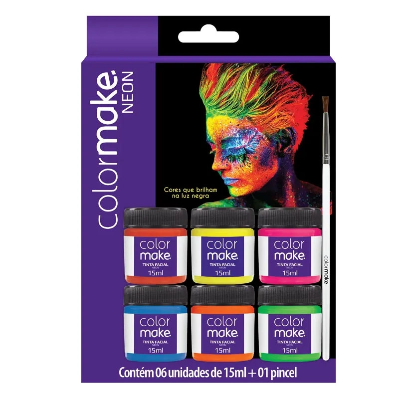 Tinta líquida facial fluor com 6 cores + 1 pincel - 1003 - Colormake