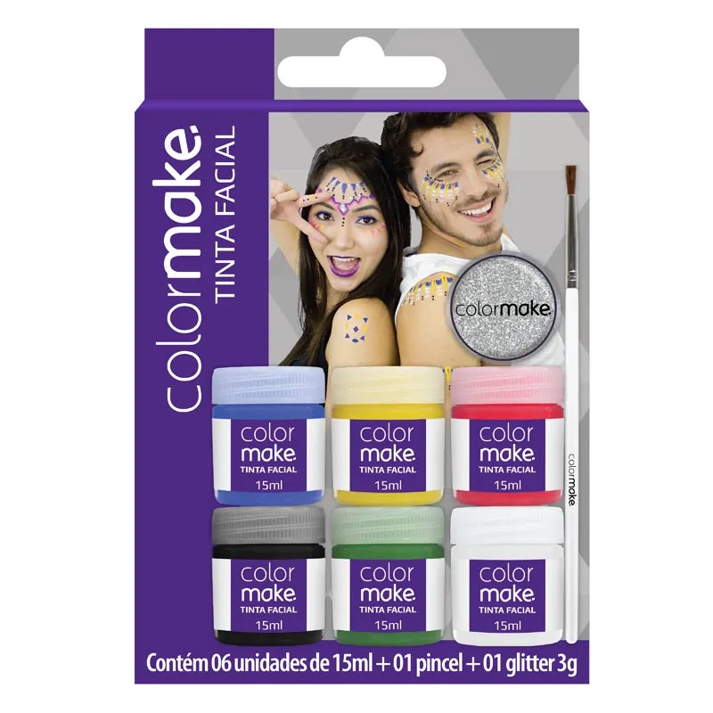 Tinta líquida facial 6 cores 1 pincel + glitter 1000 - Colormake
