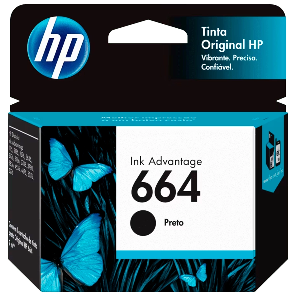 Cartucho HP 664 Original F6V29AB Preto p/ Deskjet 2136, 2676, 3776, 5076, 5276