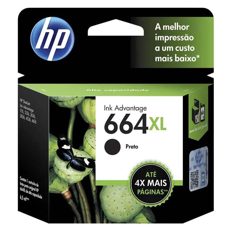 Cartucho HP 664XL Original F6V31AB Preto p/ Deskjet 2136, 2676, 3776, 5076, 5276