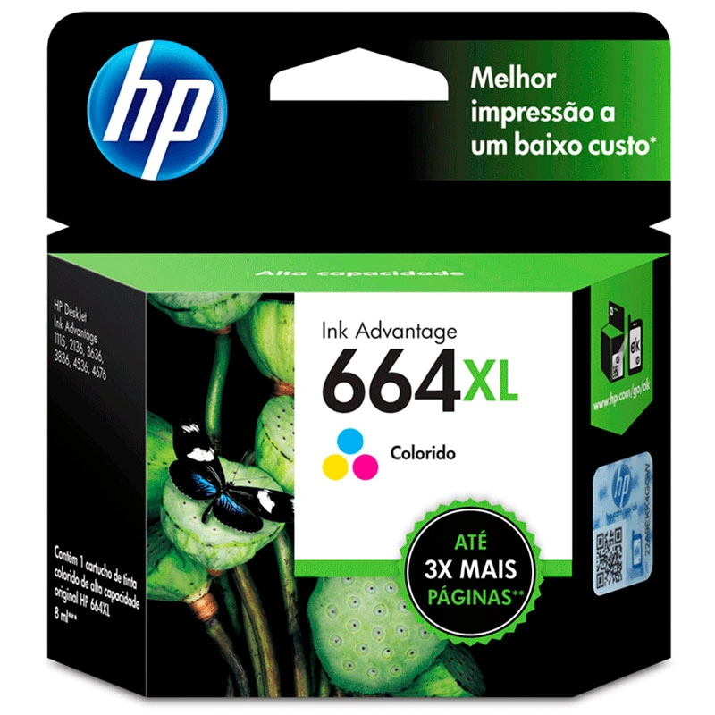 Cartucho HP 664XL Original F6V30AB Cores p/ Deskjet 2136, 2676, 3776, 5076, 5276