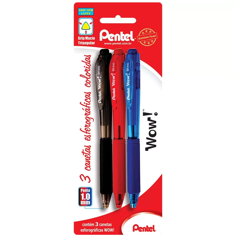 Caneta esferográfica WOW! 1.0 AZ/PT/VM com 3 unidades SM/BK440 - Pentel