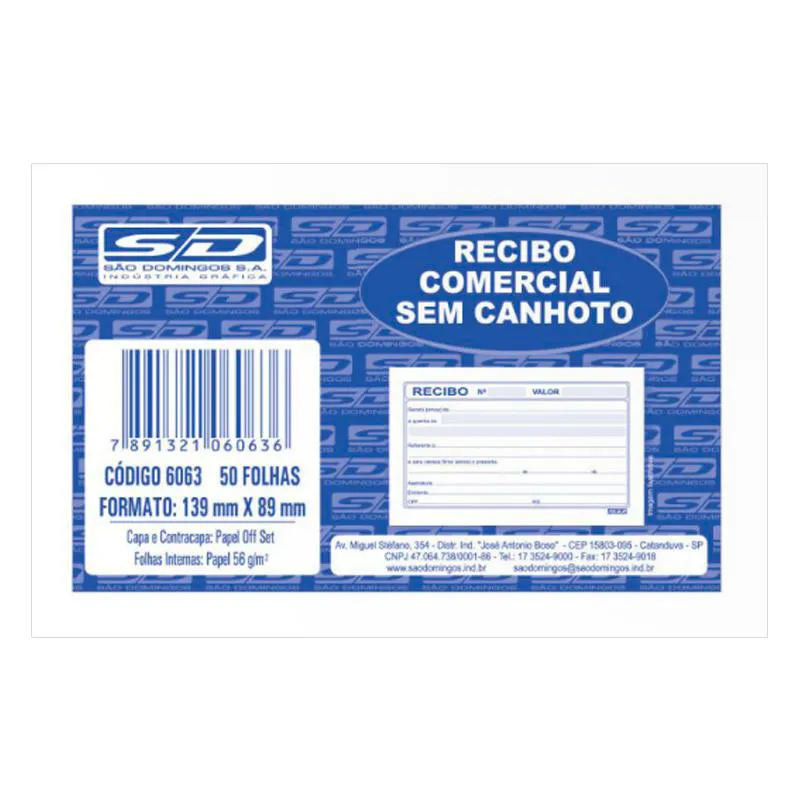 Recibo comercial sem canhoto - com 50 folhas - São Domingos