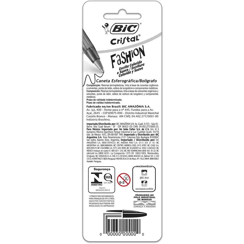 Caneta esferográfica Cristal Fashion 1,2 Azul com 3 unidades 878657 - Bic