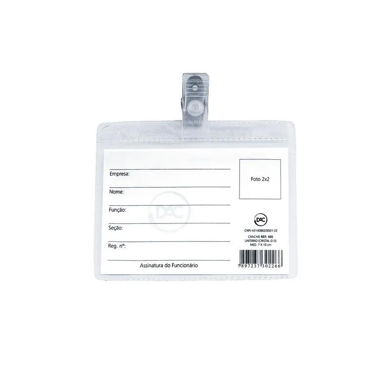 Crachá Plástico com prendedor horizontal 100X70mm 450 - Dac