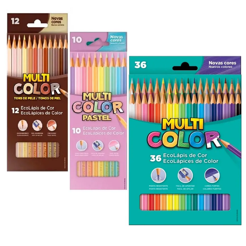 Kit MultiColor Lápis de Cor 10 Tons Pastel 12 Tons de Pele e 36 Cores