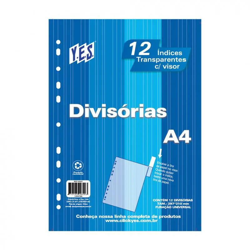 Divisória cristal A4 12 projeções com visor 12INTBA-CR - Yes