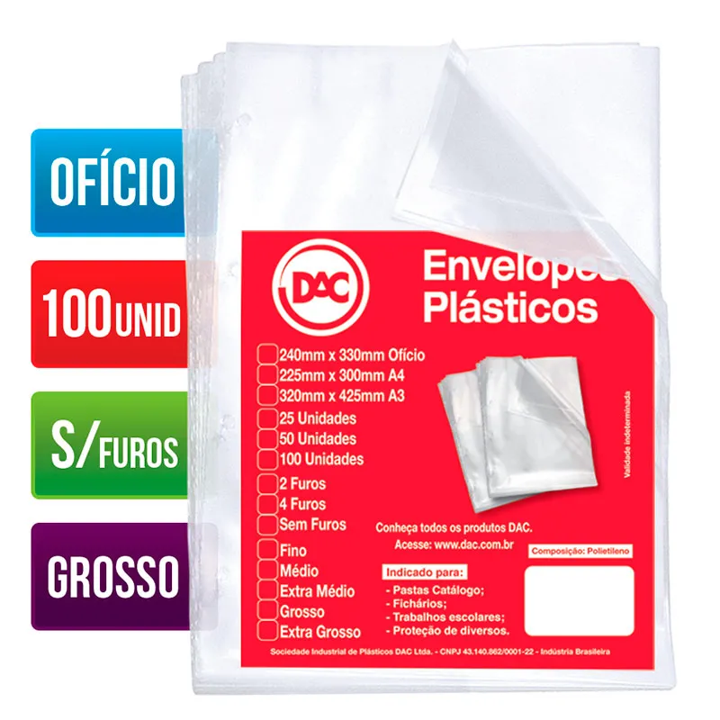 Envelope plástico ofício 0.15 s/furos 5075 pacote com 100 unidades - Dac