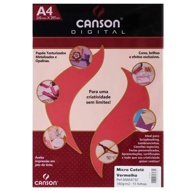 Papel textura cotele A4 180g vermelho - com 15 folhas - Canson