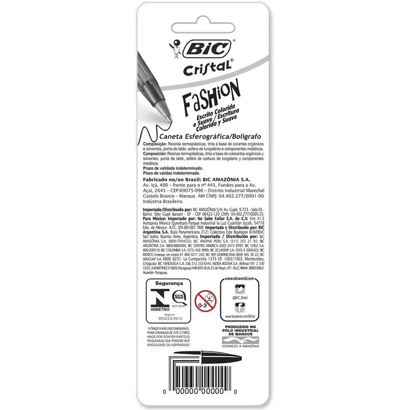 Caneta esferográfica Cristal Fashion 1.2 AZ/PT/VM com 3 unidades - Bic