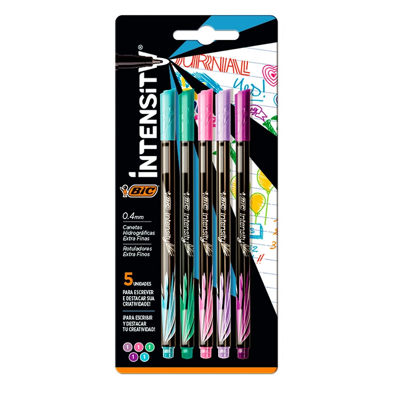 Caneta hidrográfica Intensity Ultra Fina Pastel 0.4mm com 5 unidades - Bic