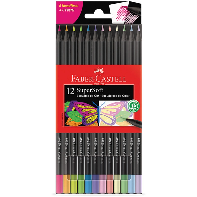 Lápis de cor SuperSoft 12 cores neon + pastel 120712SOFTNP - Faber-Castell