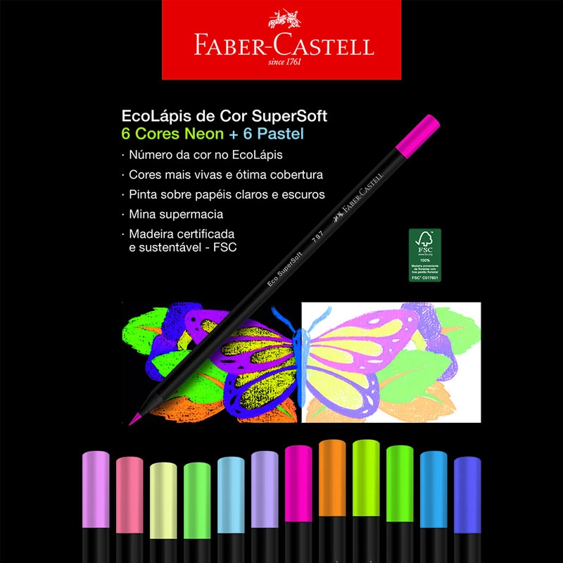 Lápis de cor SuperSoft 12 cores neon + pastel 120712SOFTNP - Faber-Castell