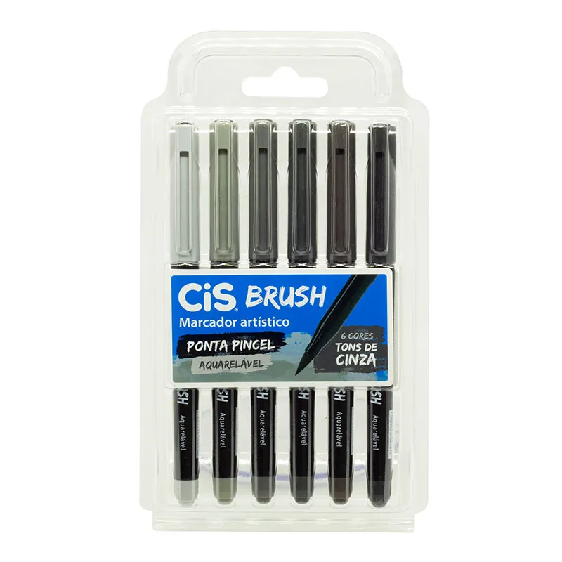 Caneta pincel Brush Aquarelável - com 6 cores tons de cinza - Cis