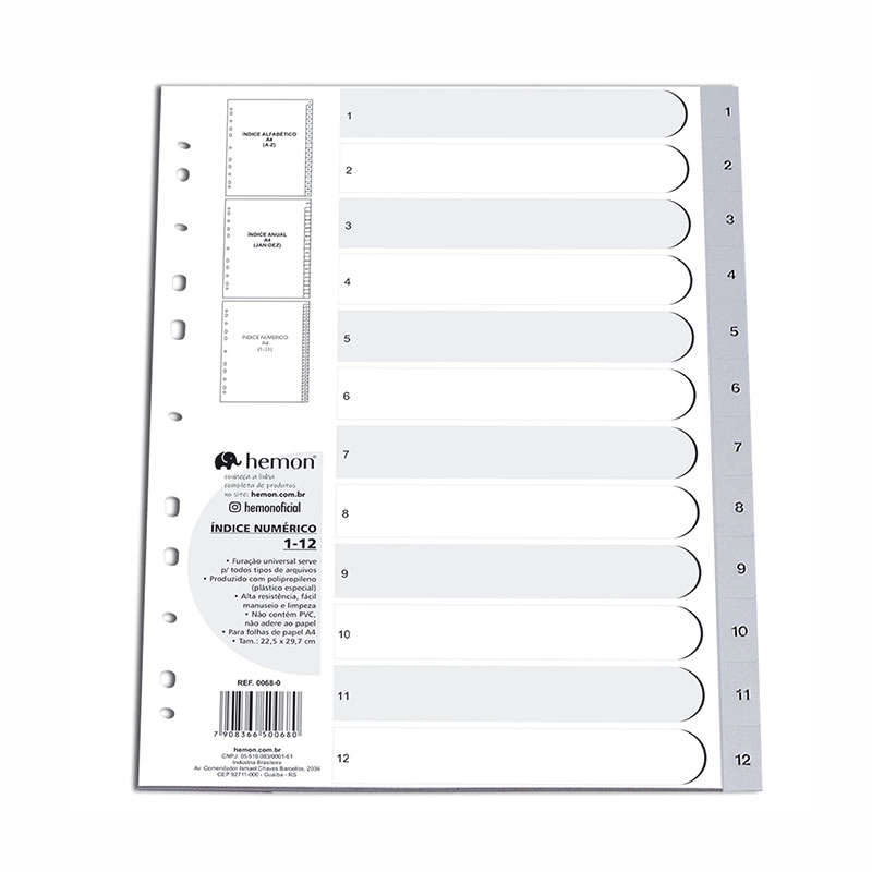 Índice numérico A4 1-12 0068-0 Cinza - Hemon