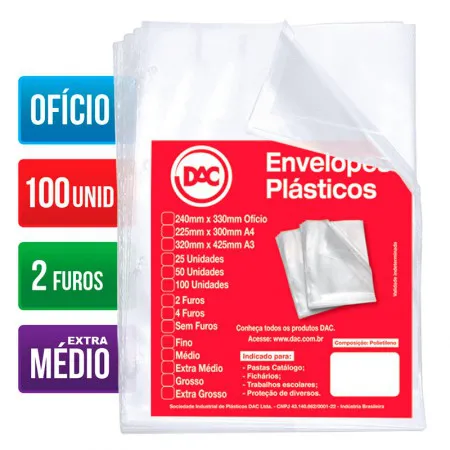 Envelope plástico ofício 0.12 2 furos 5179 pacote com 100 unidades - Dac