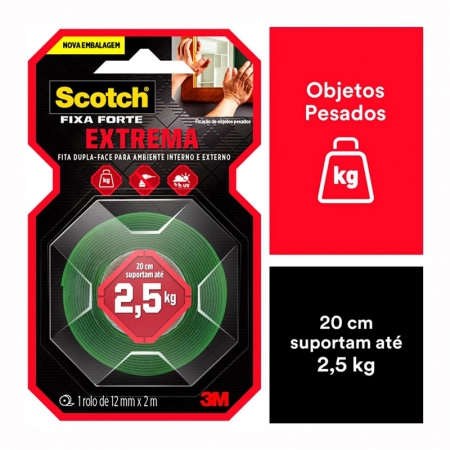 Fita dupla face fixa forte espuma Cinza Extreme 12mmx2m - 3M