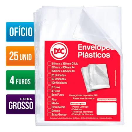 Envelope plástico ofício 0.20 4 furos 5088 pacote com 25 unidades - Dac
