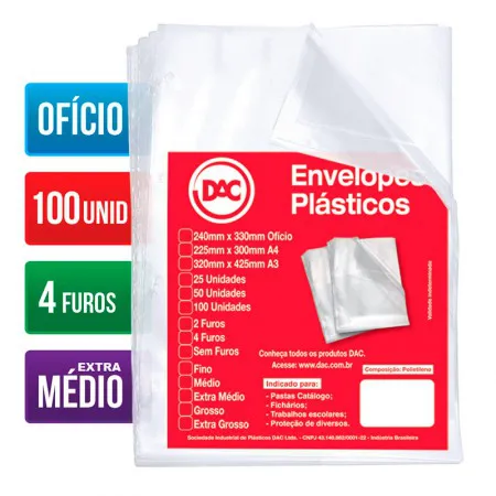 Envelope plástico ofício 0.12 4 furos 5178 pacote com 100 unidades - Dac