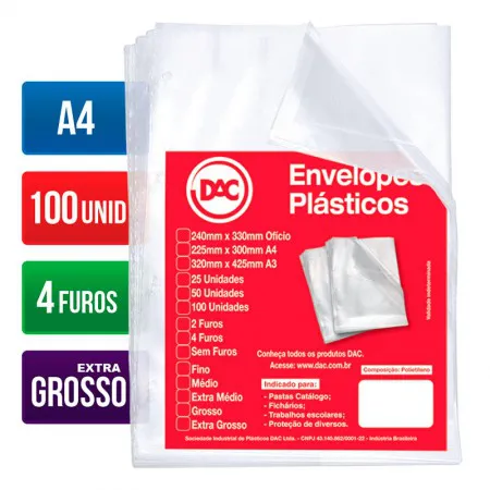 Envelope plástico A4 0.20 4 furos 5088A4 pacote com 100 unidades - Dac