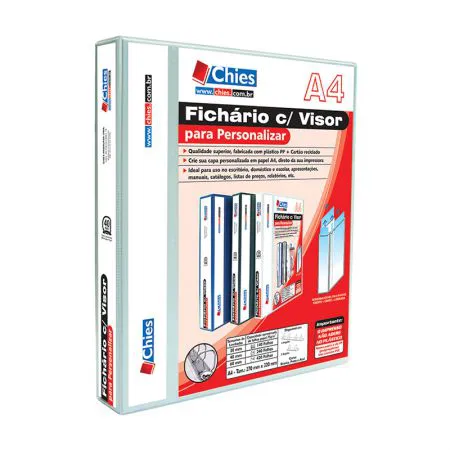 Fichário revestido com cristal A4 branco 40mm - 1711 - com 2 argolas - Chies